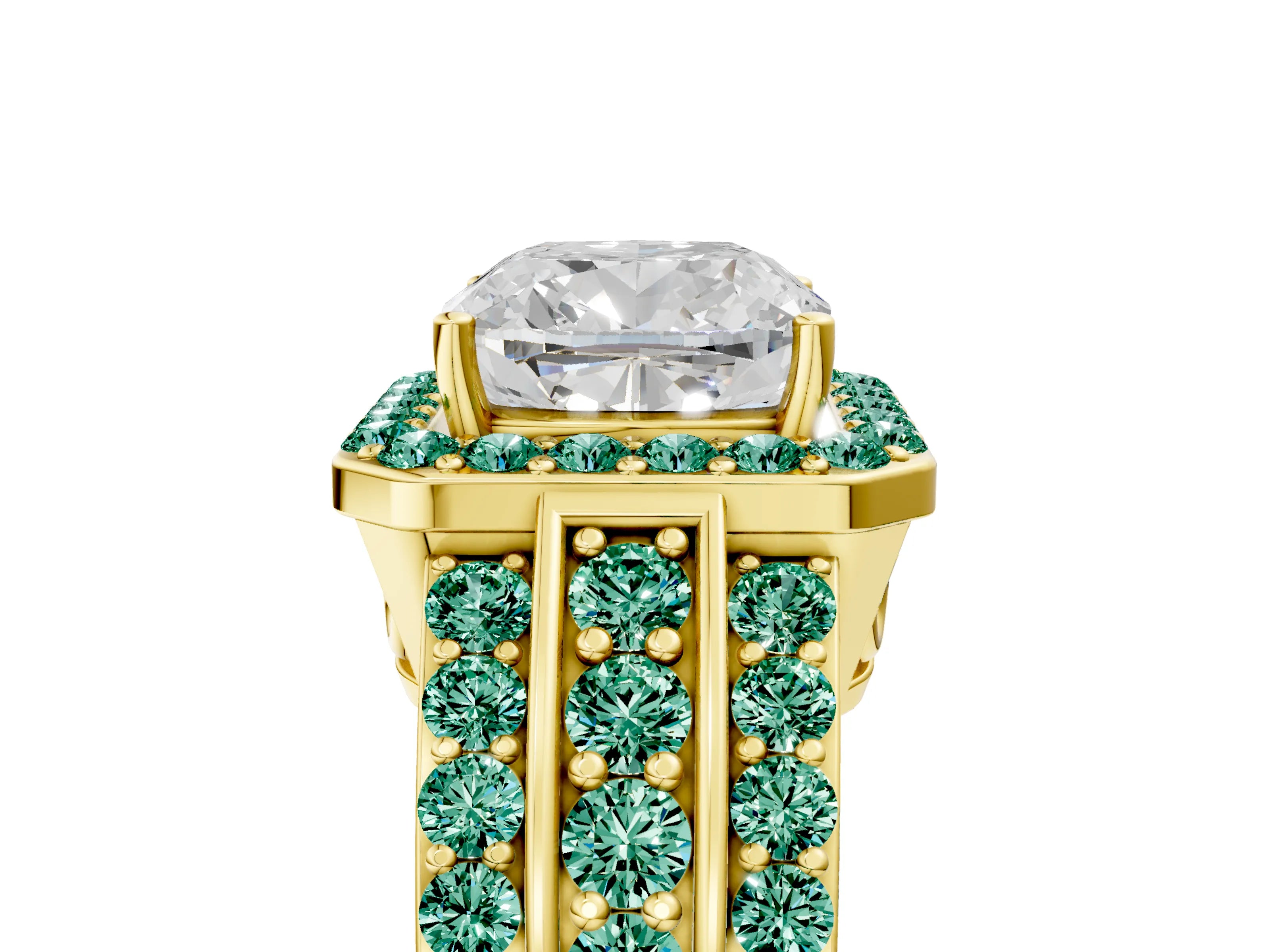 Yellow gold Cushion Cut Halo Diamond Ring with Round with Green Sapphire side stone Split Shank and Prong Setting_5