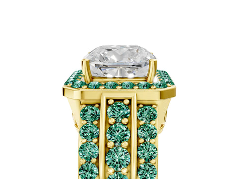 Yellow gold Cushion Cut Halo Diamond Ring with Round with Green Sapphire side stone Split Shank and Prong Setting_5
