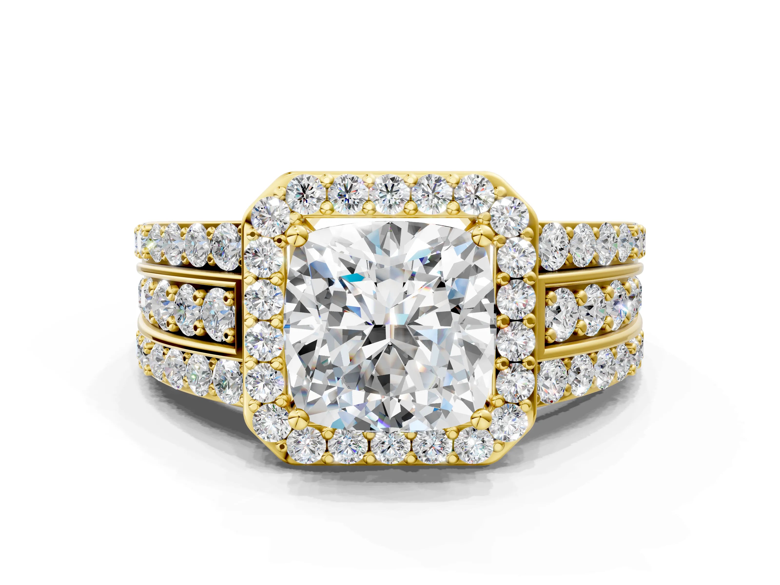 Yellow gold Cushion Cut Halo Diamond Ring with Round with Moissanite side stone Split Shank and Prong Setting