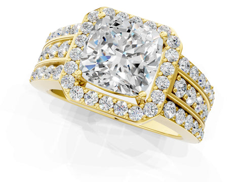 Yellow gold Cushion Cut Halo Diamond Ring with Round with Moissanite side stone Split Shank and Prong Setting_1