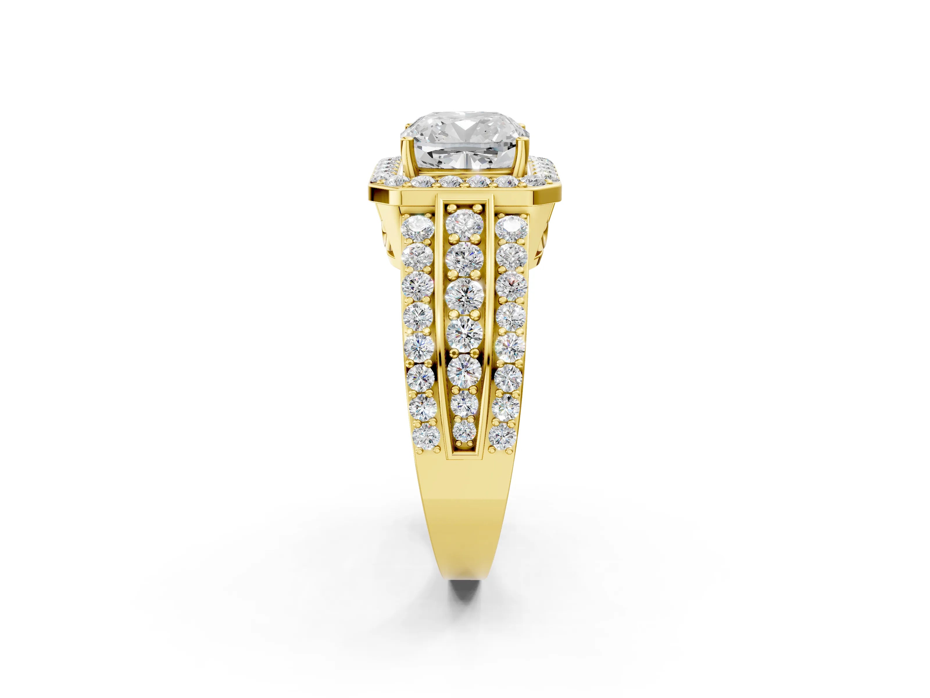 Yellow gold Cushion Cut Halo Diamond Ring with Round with Moissanite side stone Split Shank and Prong Setting_2
