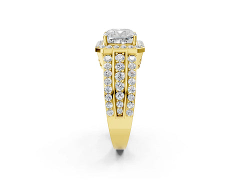 Yellow gold Cushion Cut Halo Diamond Ring with Round with Moissanite side stone Split Shank and Prong Setting_2
