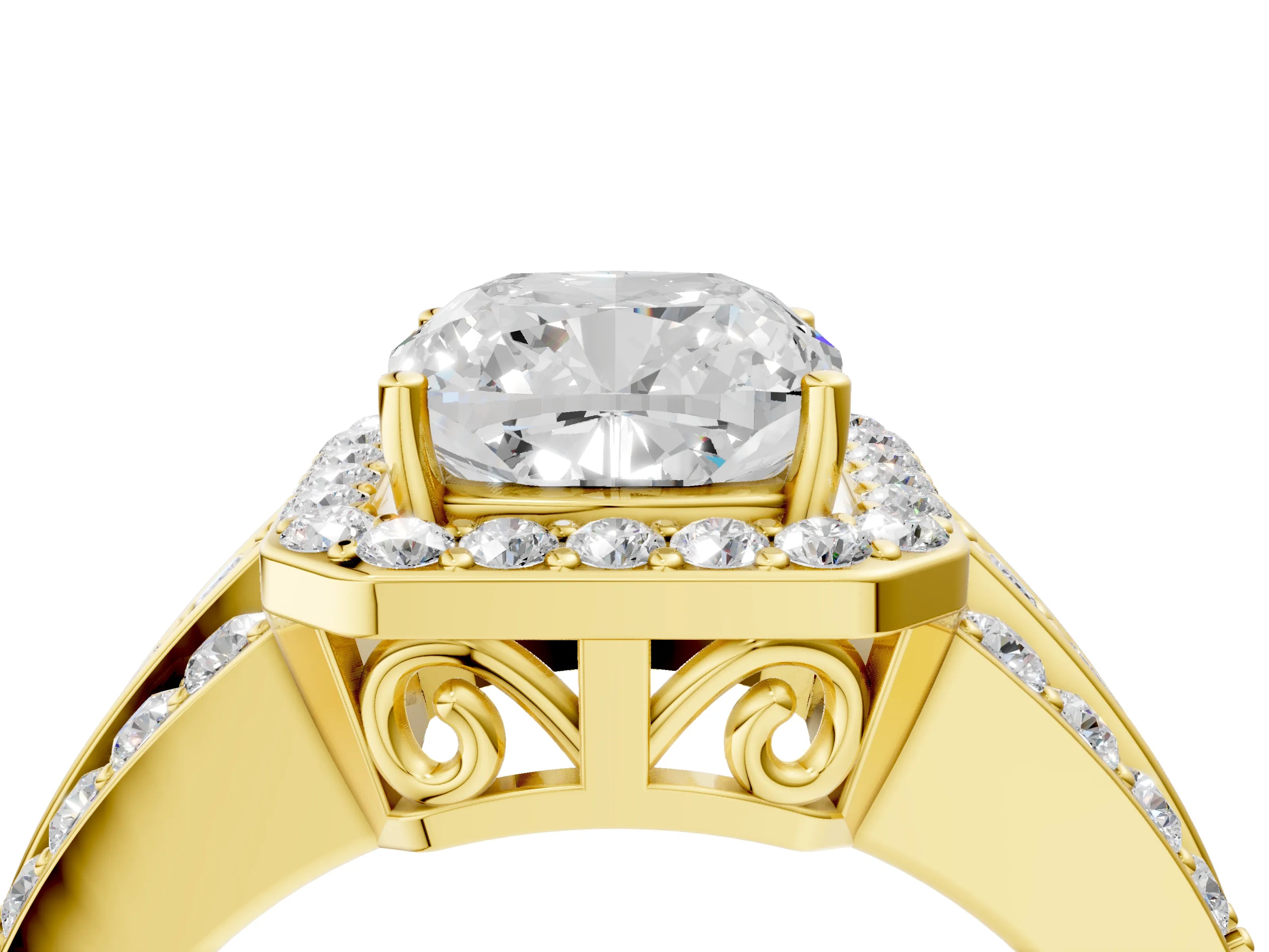 Yellow gold Cushion Cut Halo Diamond Ring with Round with Moissanite side stone Split Shank and Prong Setting_4