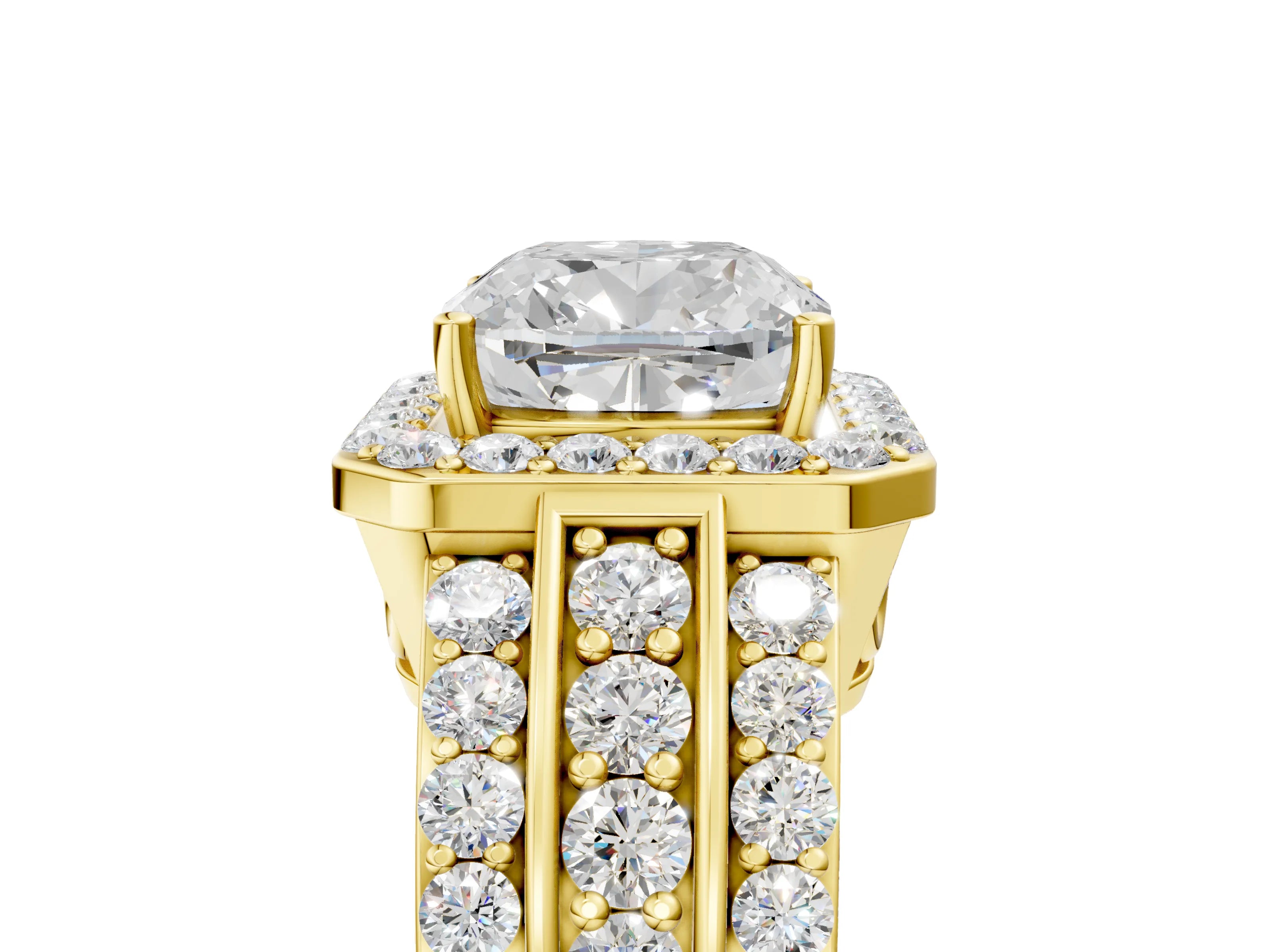 Yellow gold Cushion Cut Halo Diamond Ring with Round with Moissanite side stone Split Shank and Prong Setting_5