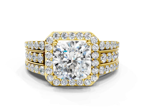 Yellow gold Cushion Cut Halo Diamond Ring with Round with Moissanite side stone Split Shank and Prong Setting