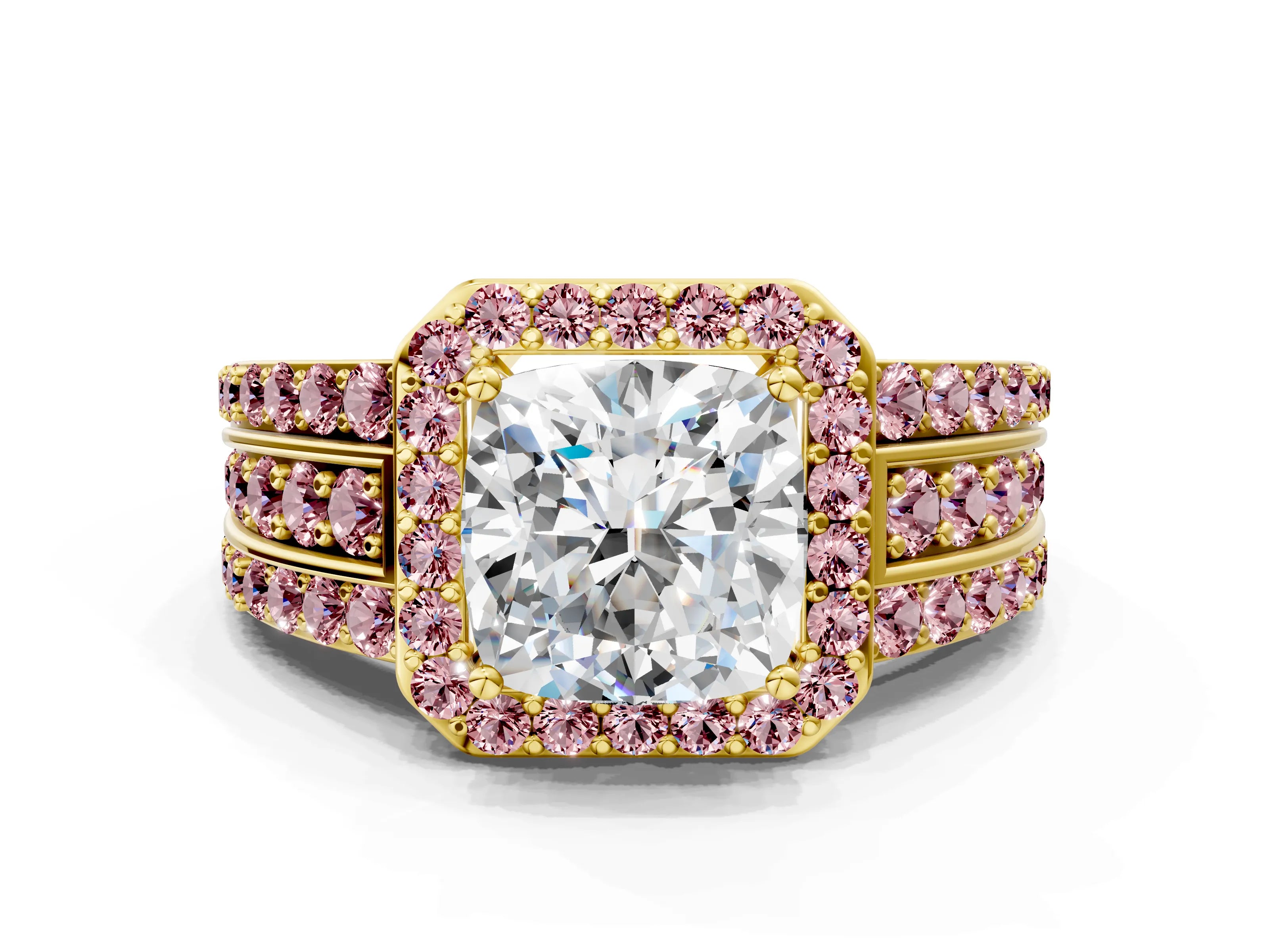 Yellow gold Cushion Cut Halo Diamond Ring with Round with Morganite side stone Split Shank and Prong Setting