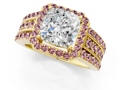 Yellow gold Cushion Cut Halo Diamond Ring with Round with Morganite side stone Split Shank and Prong Setting_1