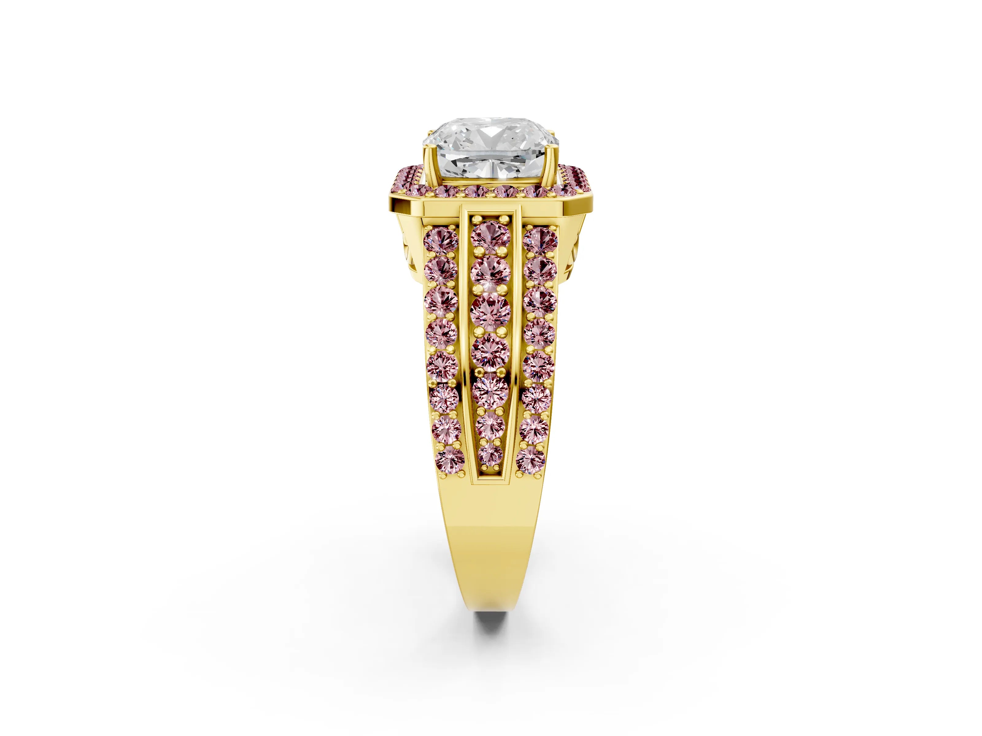 Yellow gold Cushion Cut Halo Diamond Ring with Round with Morganite side stone Split Shank and Prong Setting_2