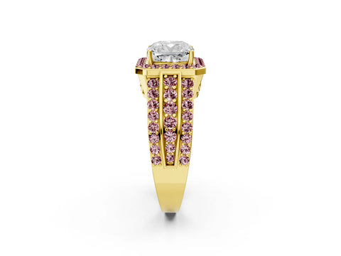Yellow gold Cushion Cut Halo Diamond Ring with Round with Morganite side stone Split Shank and Prong Setting_2