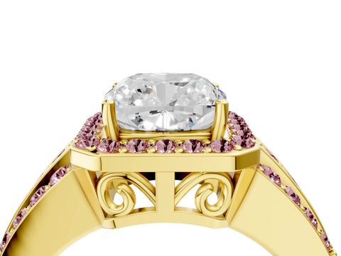 Yellow gold Cushion Cut Halo Diamond Ring with Round with Morganite side stone Split Shank and Prong Setting_4