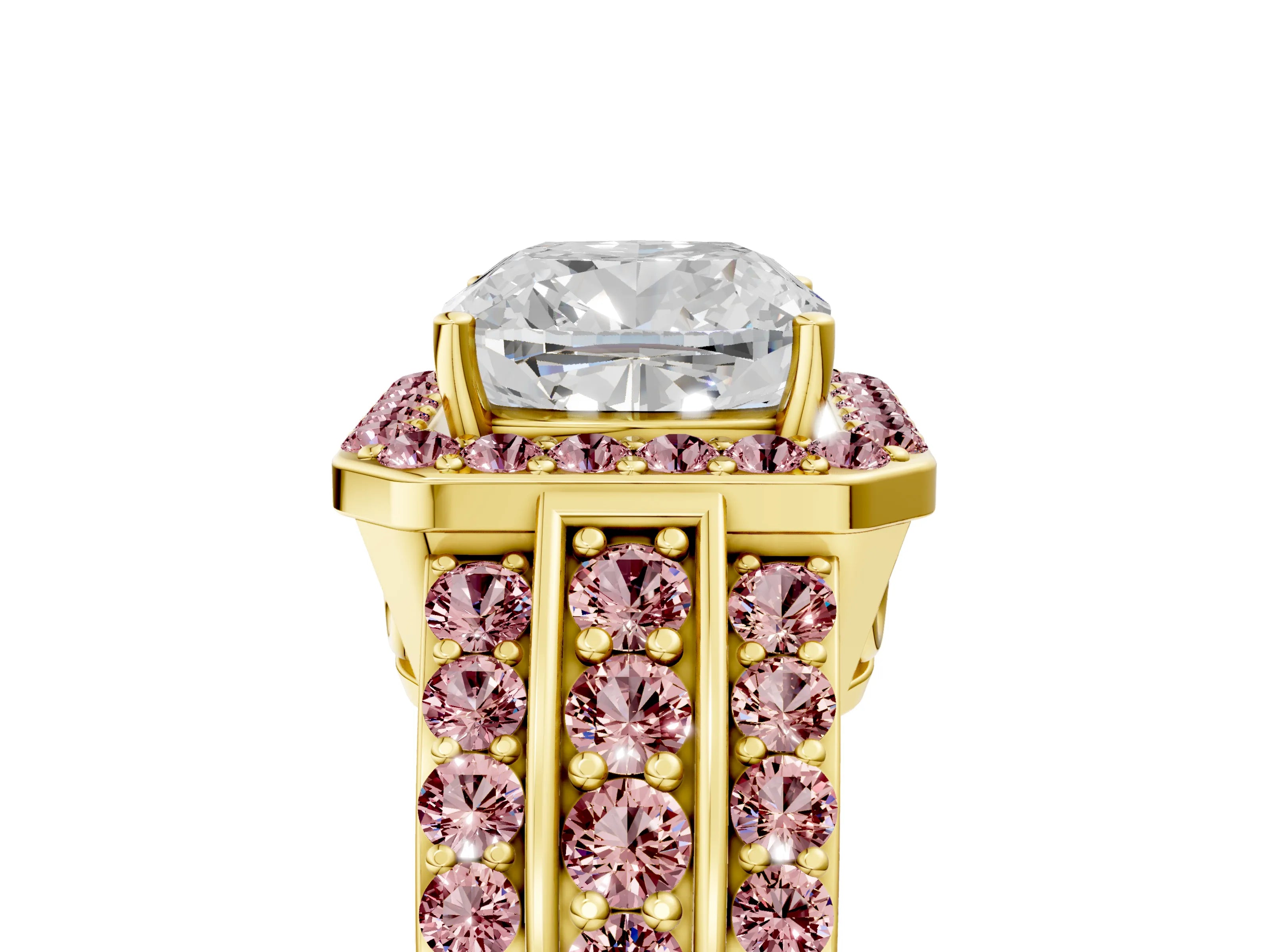 Yellow gold Cushion Cut Halo Diamond Ring with Round with Morganite side stone Split Shank and Prong Setting_5