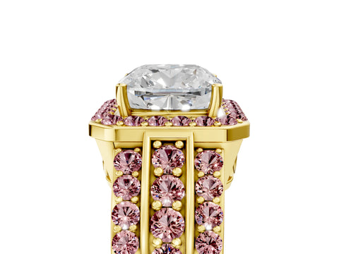 Yellow gold Cushion Cut Halo Diamond Ring with Round with Morganite side stone Split Shank and Prong Setting_5