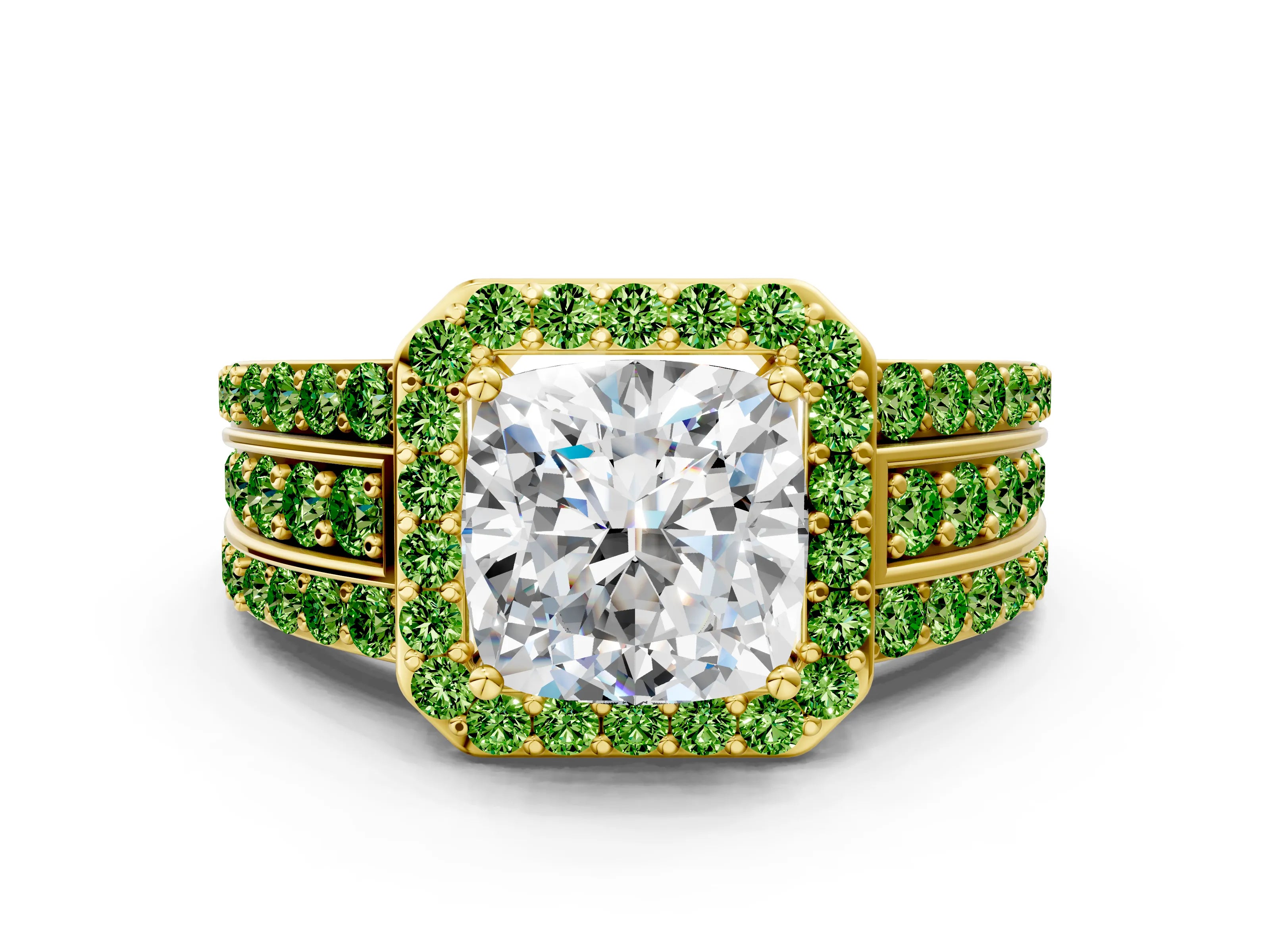 Yellow gold Cushion Cut Halo Diamond Ring with Round with Peridot side stone Split Shank and Prong Setting