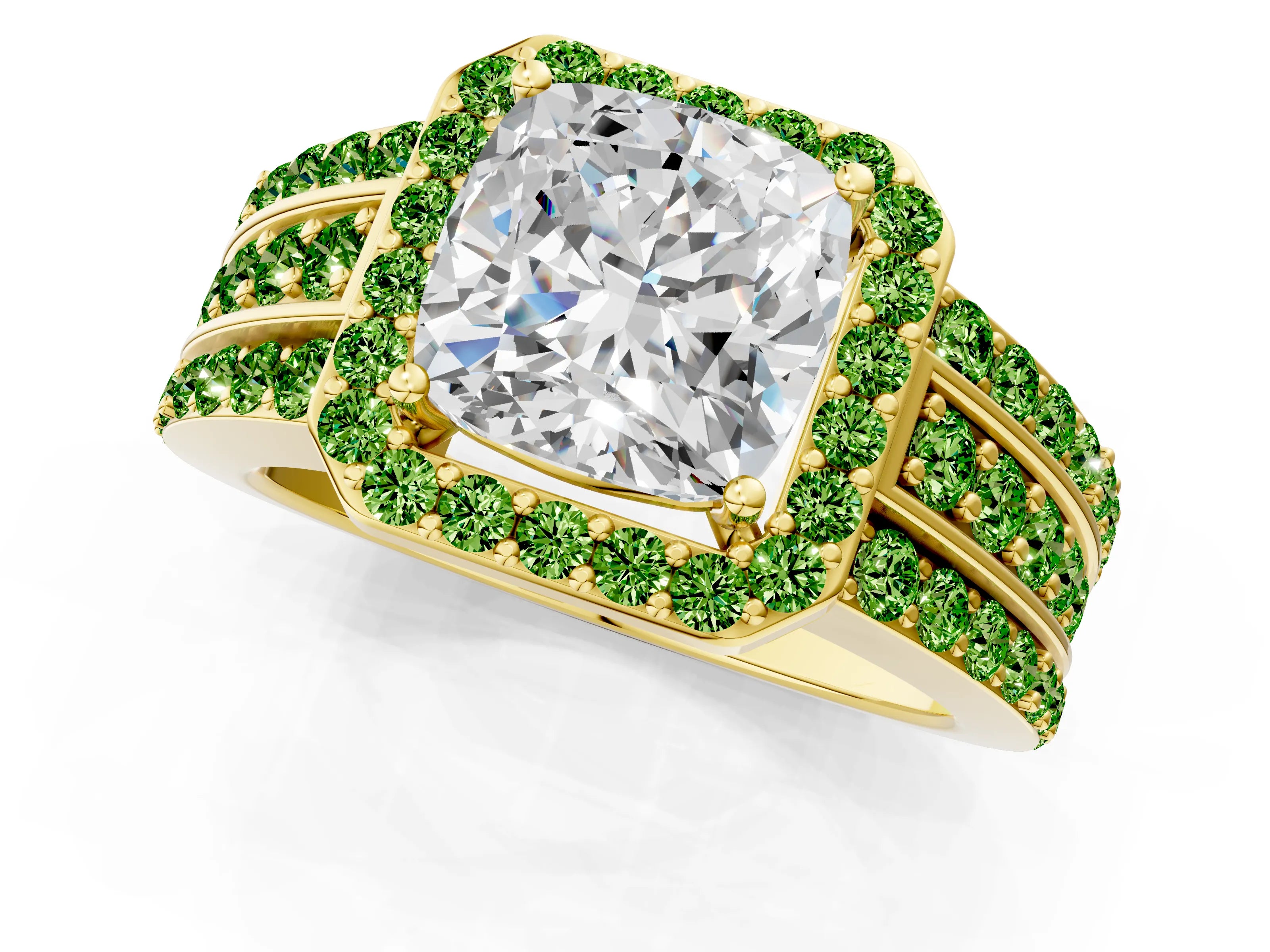 Yellow gold Cushion Cut Halo Diamond Ring with Round with Peridot side stone Split Shank and Prong Setting_1