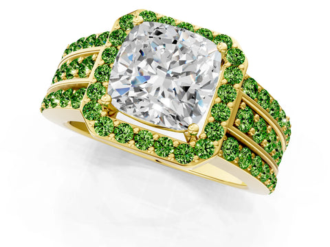 Yellow gold Cushion Cut Halo Diamond Ring with Round with Peridot side stone Split Shank and Prong Setting_1