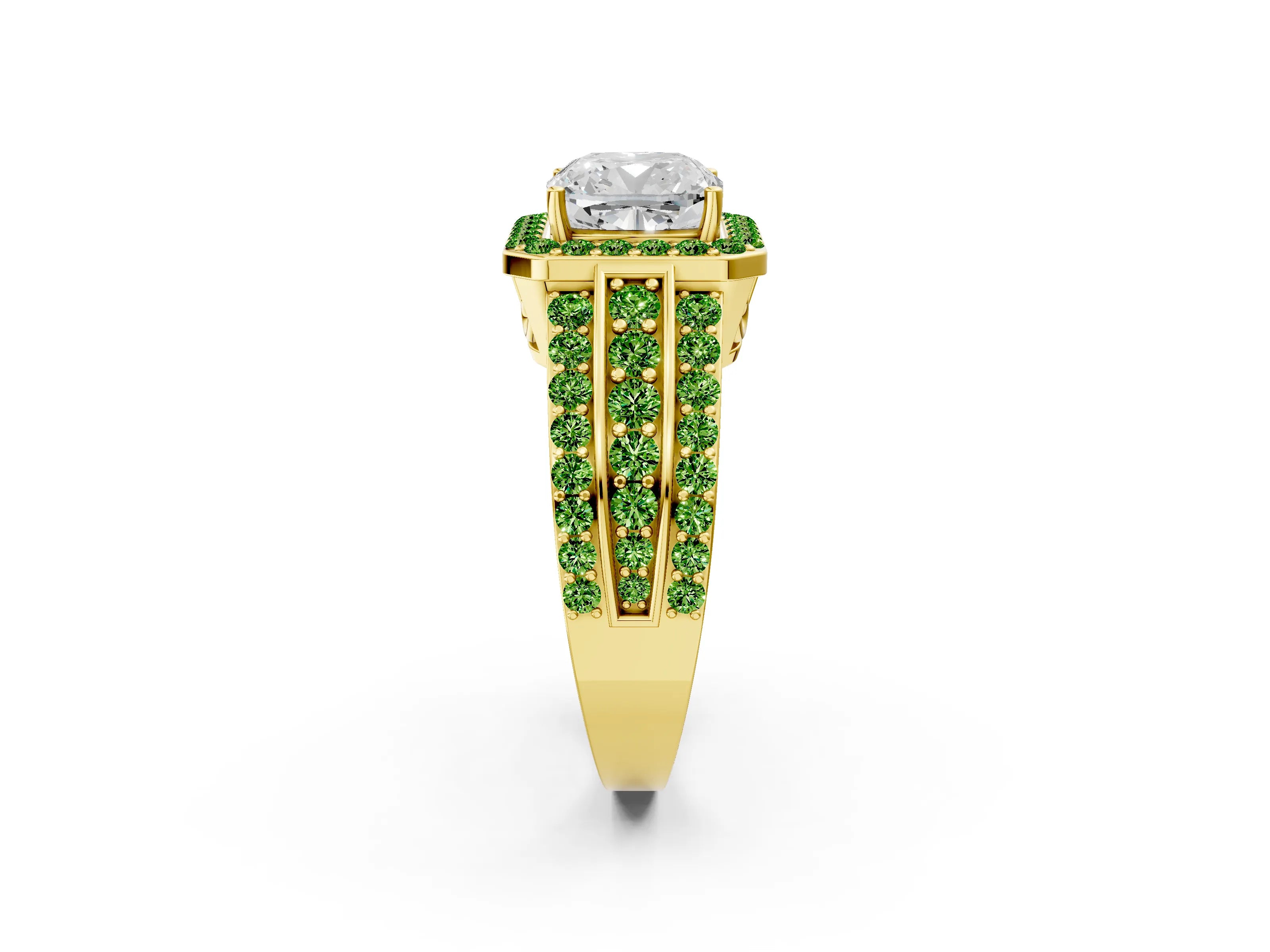 Yellow gold Cushion Cut Halo Diamond Ring with Round with Peridot side stone Split Shank and Prong Setting_2