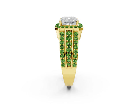 Yellow gold Cushion Cut Halo Diamond Ring with Round with Peridot side stone Split Shank and Prong Setting_2