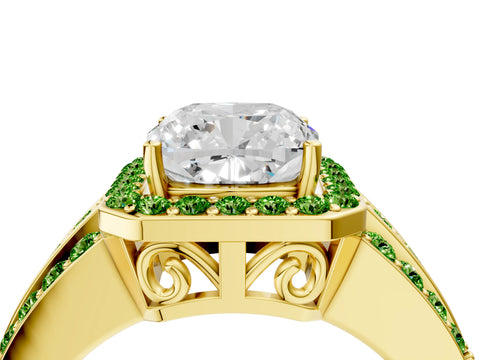 Yellow gold Cushion Cut Halo Diamond Ring with Round with Peridot side stone Split Shank and Prong Setting_4