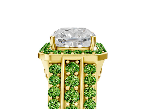 Yellow gold Cushion Cut Halo Diamond Ring with Round with Peridot side stone Split Shank and Prong Setting_5