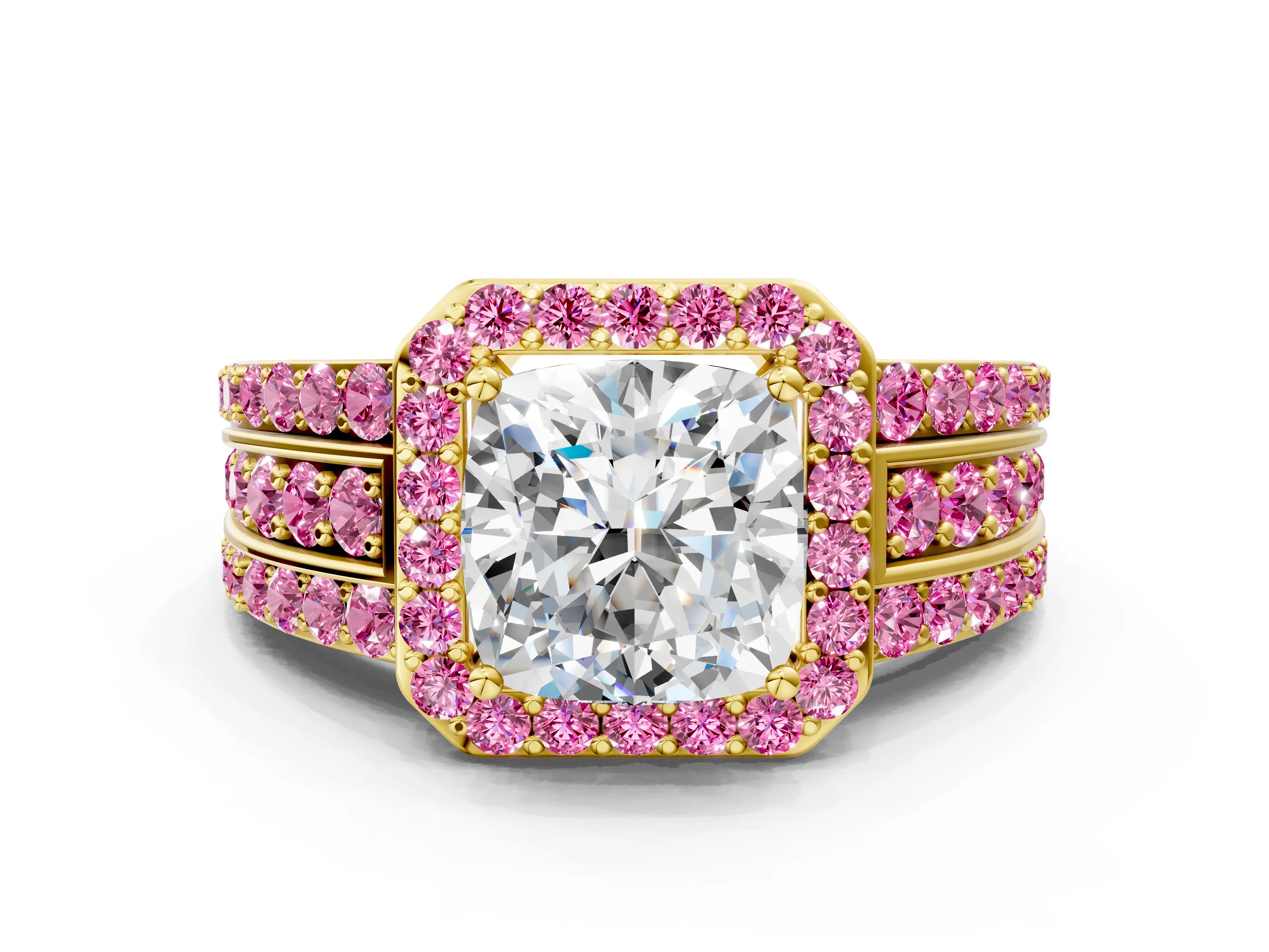Yellow gold Cushion Cut Halo Diamond Ring with Round with Pink Sapphire side stone Split Shank and Prong Setting