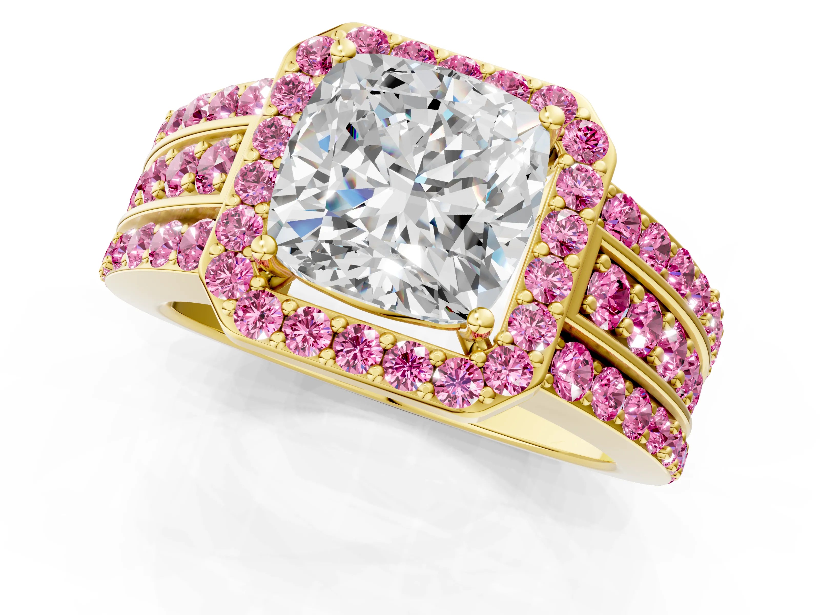 Yellow gold Cushion Cut Halo Diamond Ring with Round with Pink Sapphire side stone Split Shank and Prong Setting_1