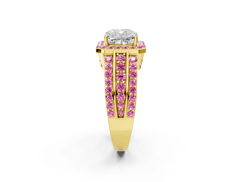 Yellow gold Cushion Cut Halo Diamond Ring with Round with Pink Sapphire side stone Split Shank and Prong Setting_2