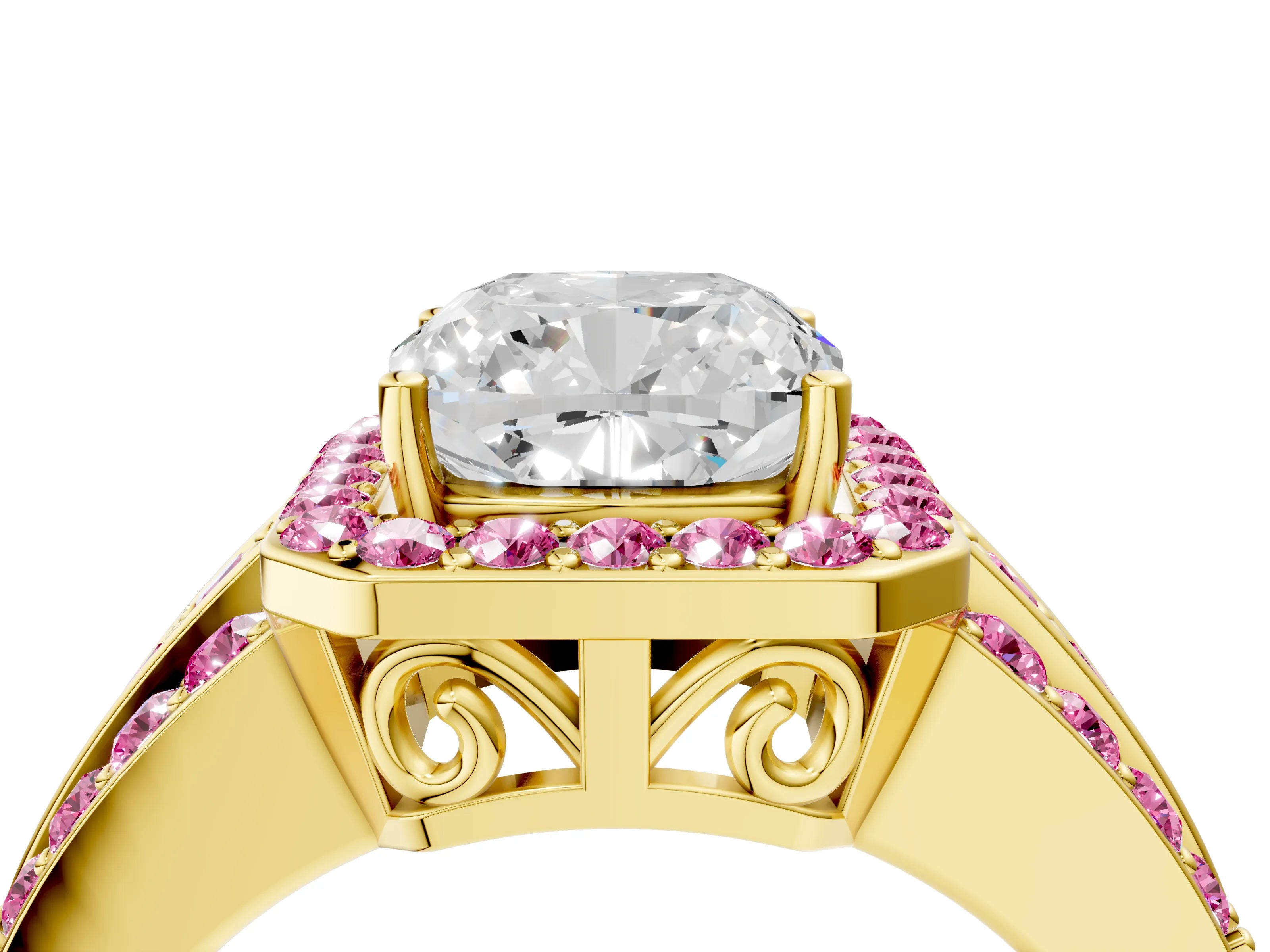 Yellow gold Cushion Cut Halo Diamond Ring with Round with Pink Sapphire side stone Split Shank and Prong Setting_4