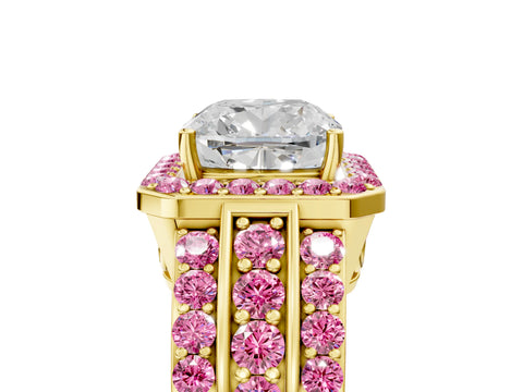 Yellow gold Cushion Cut Halo Diamond Ring with Round with Pink Sapphire side stone Split Shank and Prong Setting_5
