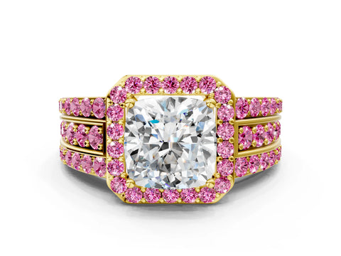 Yellow gold Cushion Cut Halo Diamond Ring with Round with Pink Sapphire side stone Split Shank and Prong Setting