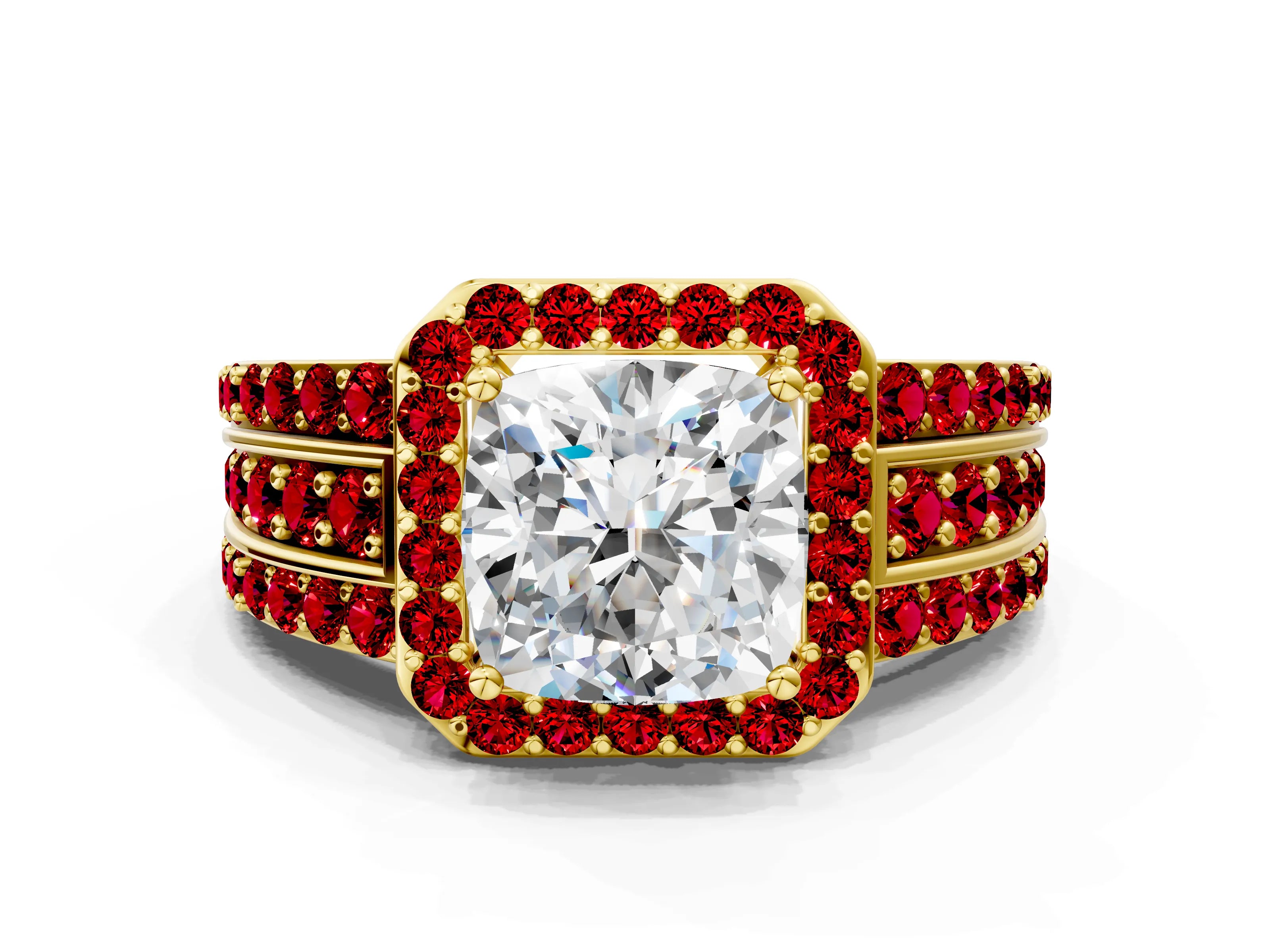 Yellow gold Cushion Cut Halo Diamond Ring with Round with Ruby side stone Split Shank and Prong Setting