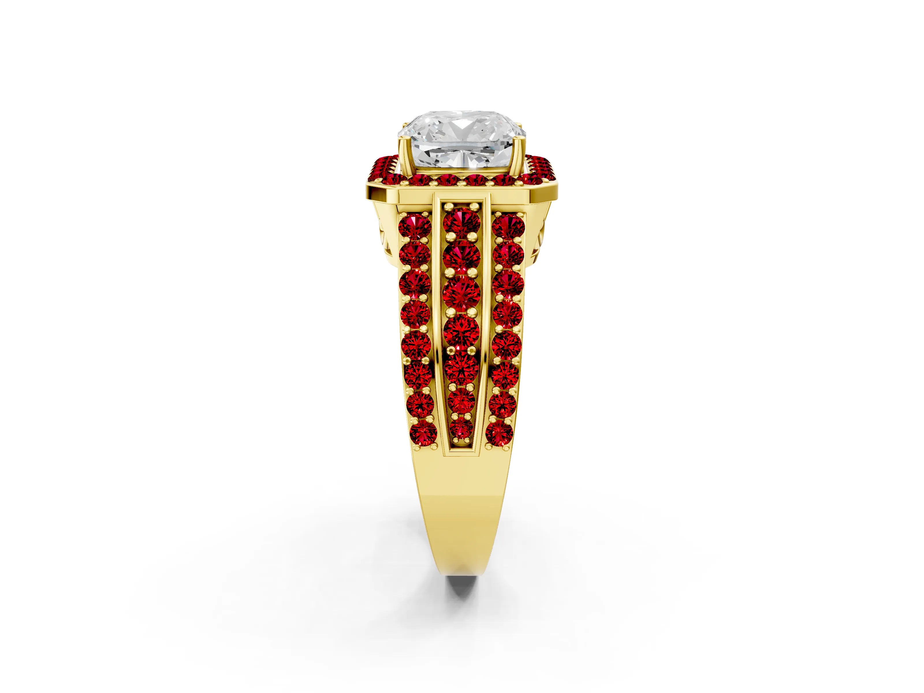 Yellow gold Cushion Cut Halo Diamond Ring with Round with Ruby side stone Split Shank and Prong Setting_2
