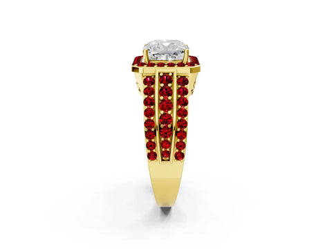 Yellow gold Cushion Cut Halo Diamond Ring with Round with Ruby side stone Split Shank and Prong Setting_2