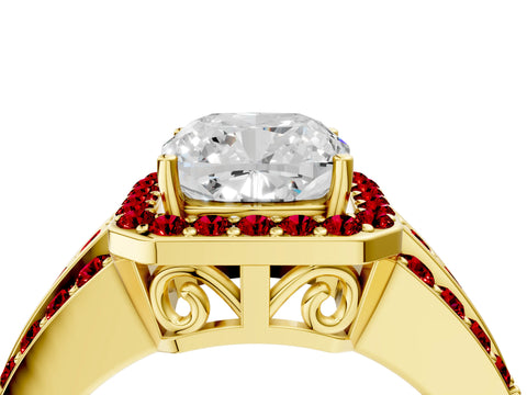 Yellow gold Cushion Cut Halo Diamond Ring with Round with Ruby side stone Split Shank and Prong Setting_4