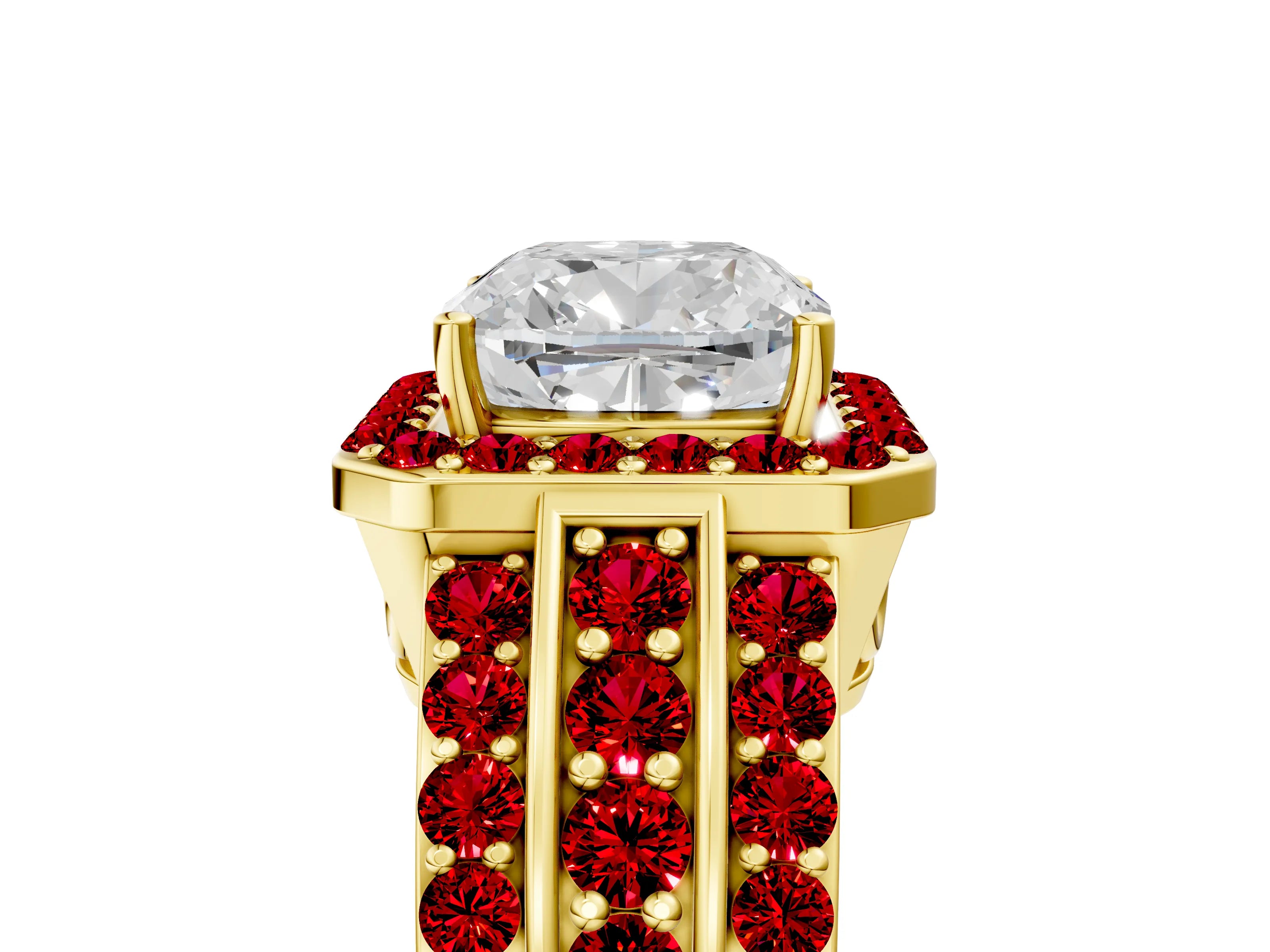 Yellow gold Cushion Cut Halo Diamond Ring with Round with Ruby side stone Split Shank and Prong Setting_5
