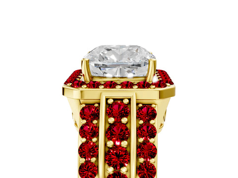 Yellow gold Cushion Cut Halo Diamond Ring with Round with Ruby side stone Split Shank and Prong Setting_5