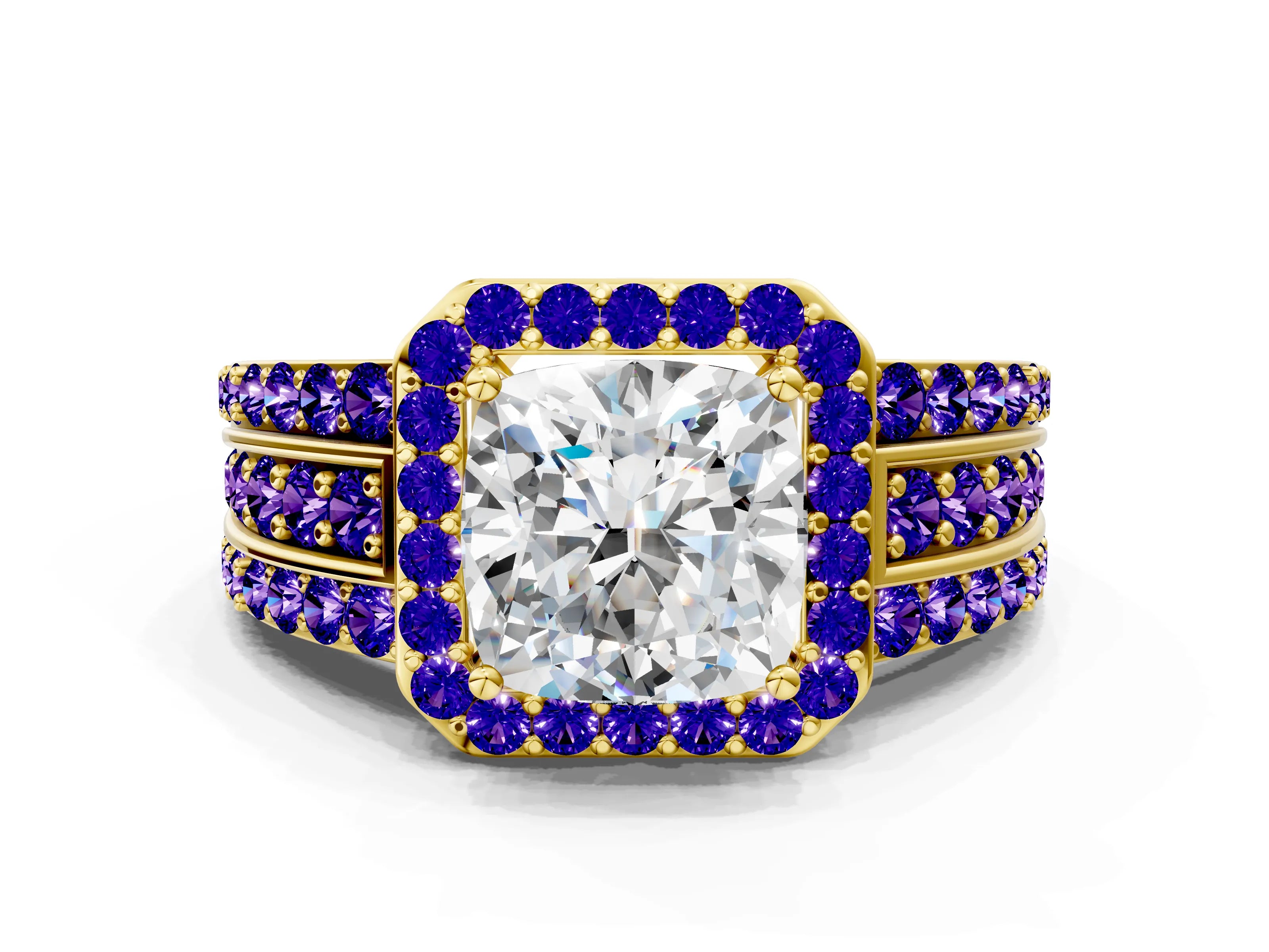 Yellow gold Cushion Cut Halo Diamond Ring with Round with Tanzanite side stone Split Shank and Prong Setting