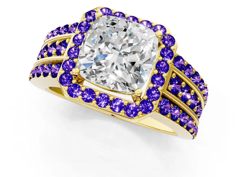 Yellow gold Cushion Cut Halo Diamond Ring with Round with Tanzanite side stone Split Shank and Prong Setting_1