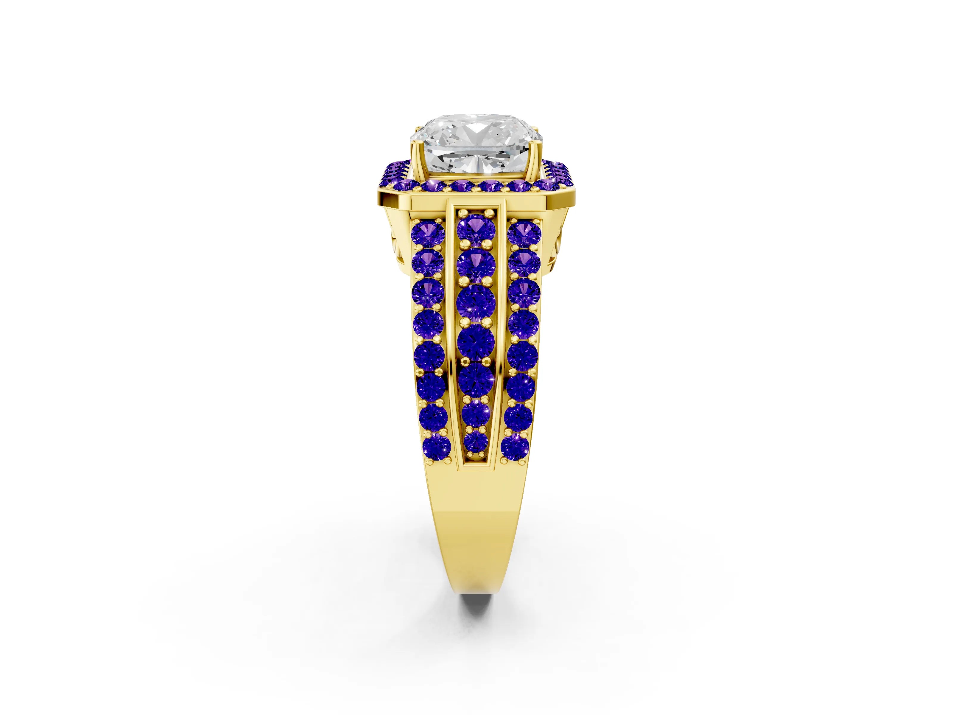 Yellow gold Cushion Cut Halo Diamond Ring with Round with Tanzanite side stone Split Shank and Prong Setting_2