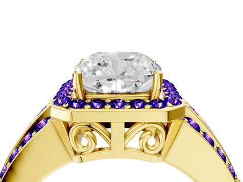 Yellow gold Cushion Cut Halo Diamond Ring with Round with Tanzanite side stone Split Shank and Prong Setting_4
