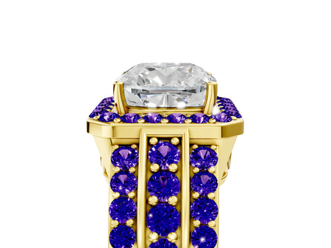 Yellow gold Cushion Cut Halo Diamond Ring with Round with Tanzanite side stone Split Shank and Prong Setting_5