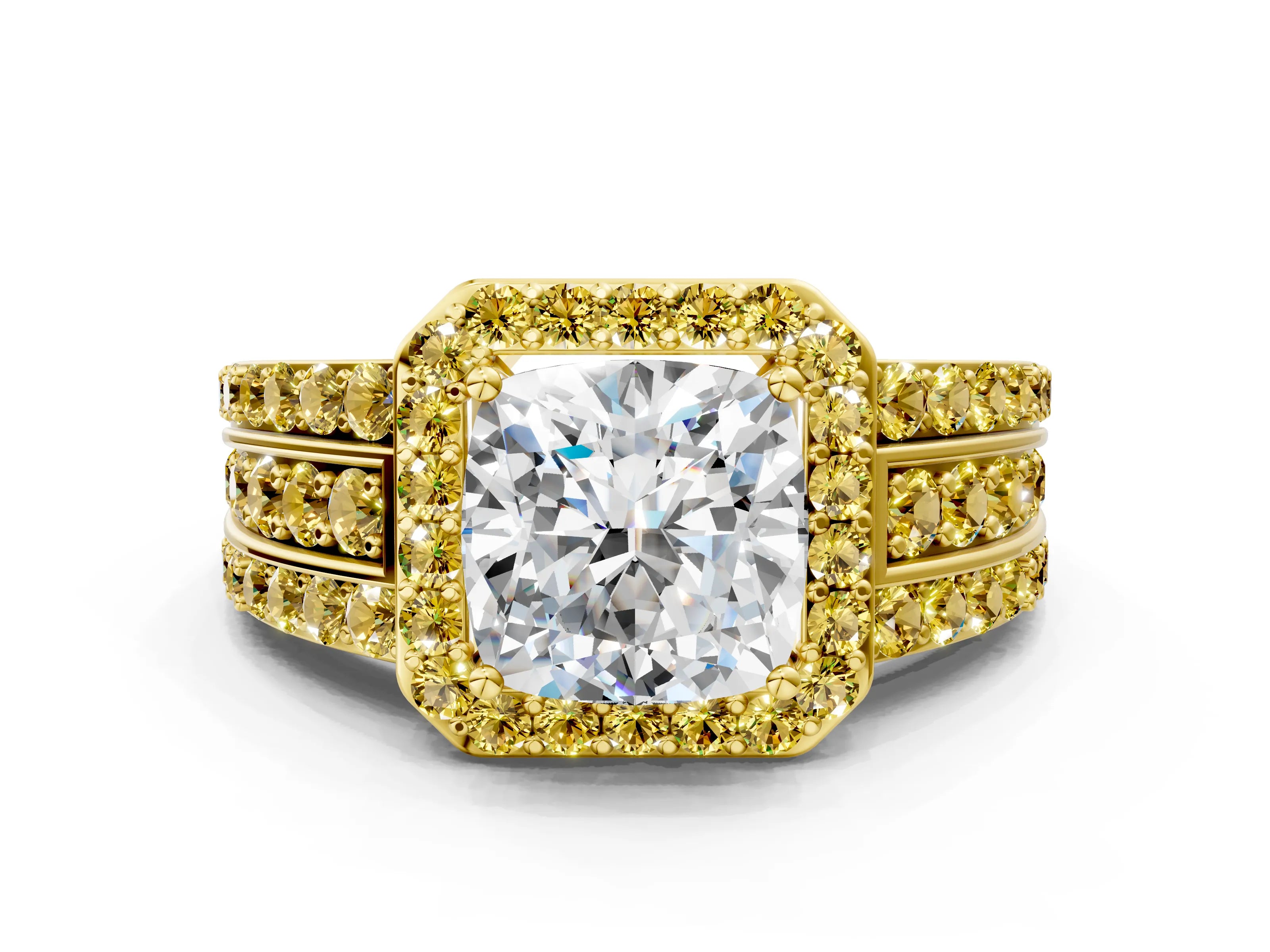 Yellow gold Cushion Cut Halo Diamond Ring with Round with Yellow Sapphire side stone Split Shank and Prong Setting