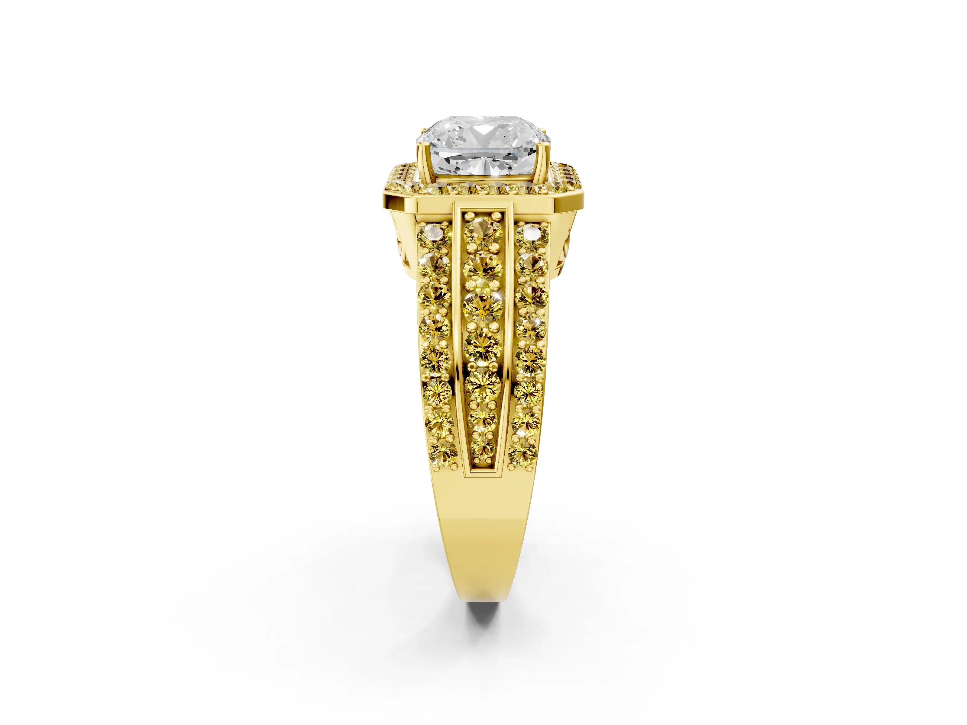 Yellow gold Cushion Cut Halo Diamond Ring with Round with Yellow Sapphire side stone Split Shank and Prong Setting_2