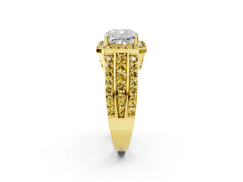 Yellow gold Cushion Cut Halo Diamond Ring with Round with Yellow Sapphire side stone Split Shank and Prong Setting_2