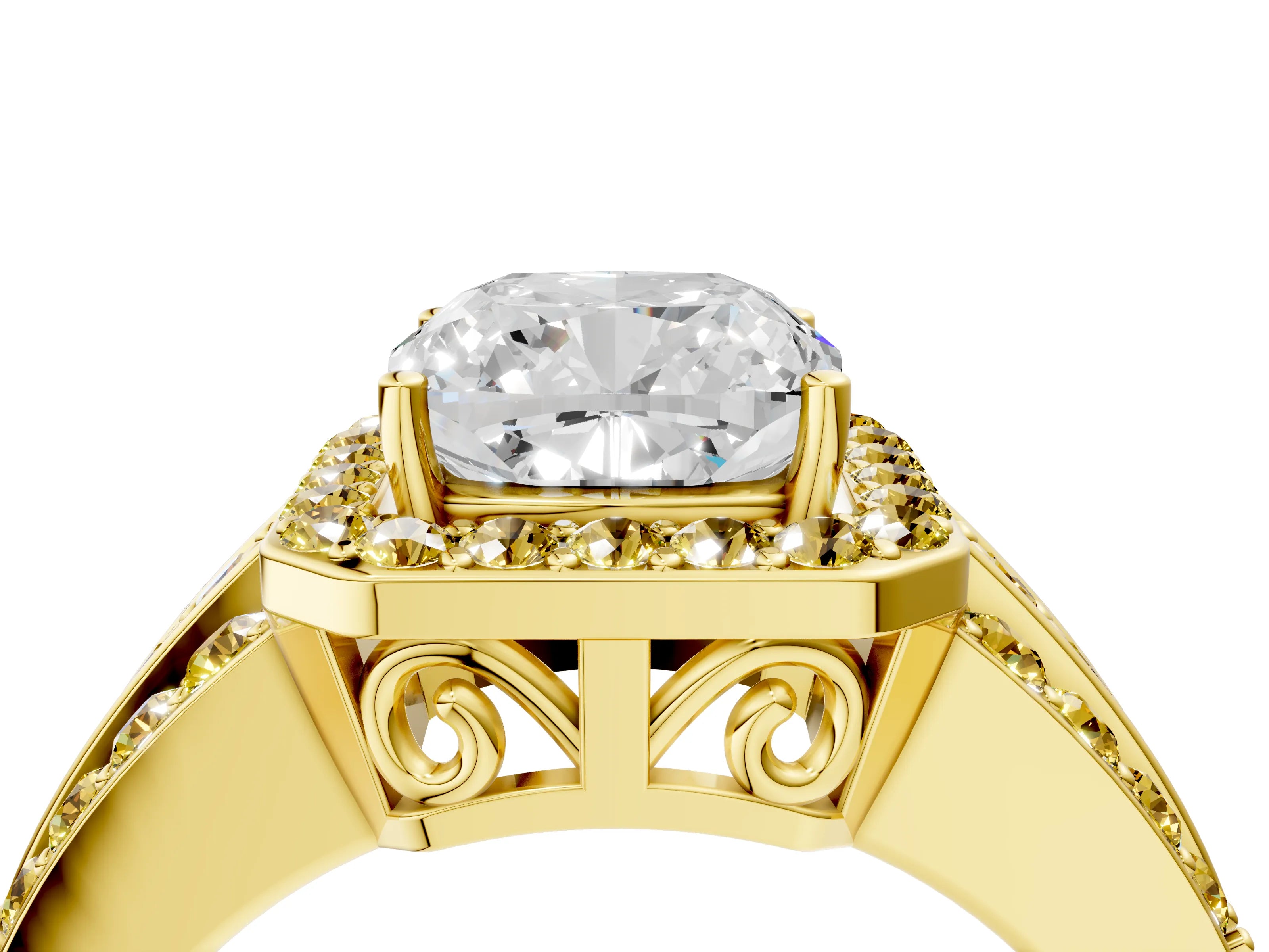 Yellow gold Cushion Cut Halo Diamond Ring with Round with Yellow Sapphire side stone Split Shank and Prong Setting_4