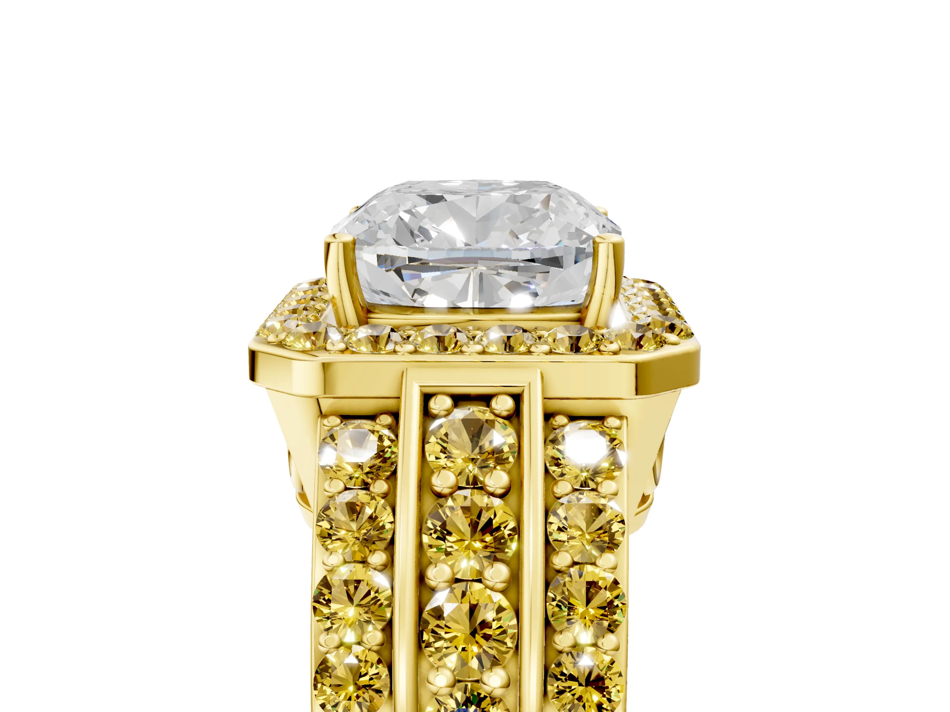 Yellow gold Cushion Cut Halo Diamond Ring with Round with Yellow Sapphire side stone Split Shank and Prong Setting_5
