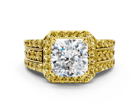 Yellow gold Cushion Cut Halo Diamond Ring with Round with Yellow Sapphire side stone Split Shank and Prong Setting