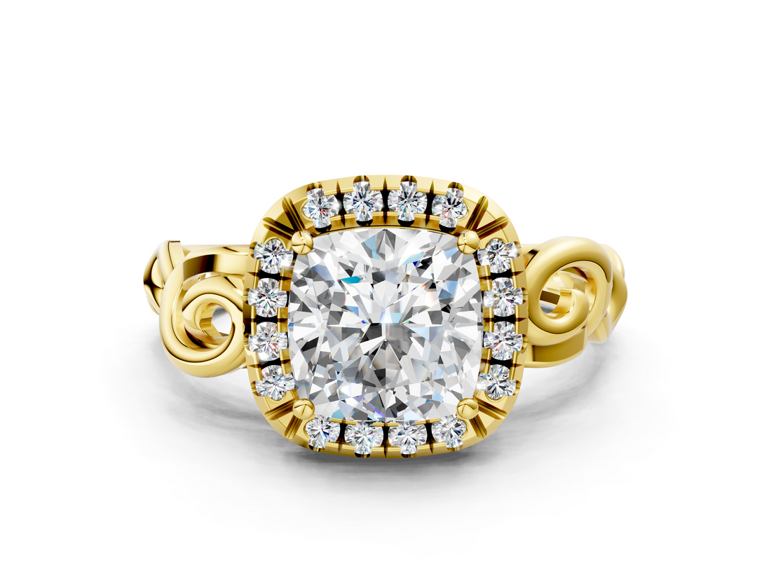 Yellow gold Cushion Cut Halo Diamond Ring with Scrollwork Band and Four-Prong Setting_57