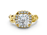 Yellow gold Cushion Cut Halo Diamond Ring with Scrollwork Band and Four-Prong Setting_57