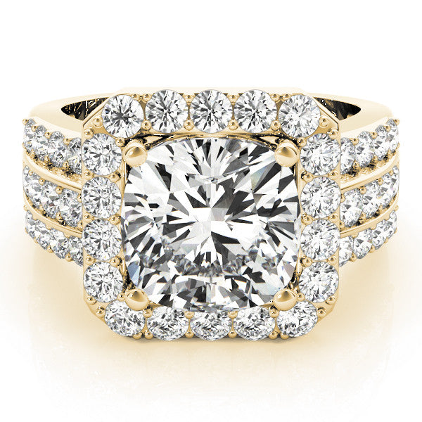 Yellow gold Cushion-Cut Halo Diamond Ring with Split Shank and Four-Prong Setting 1