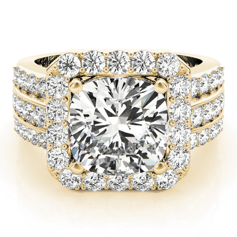 Yellow gold Cushion-Cut Halo Diamond Ring with Split Shank and Four-Prong Setting 1